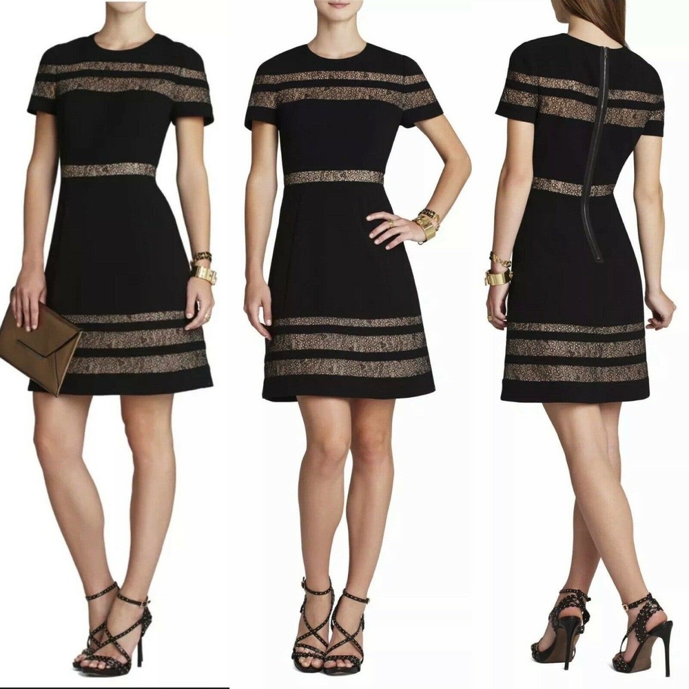 BCBGMAXAZRIA DRESS BLACK KALLI LACE INSERT Fit&Flare UYS6Y441/M179A SIZE 6